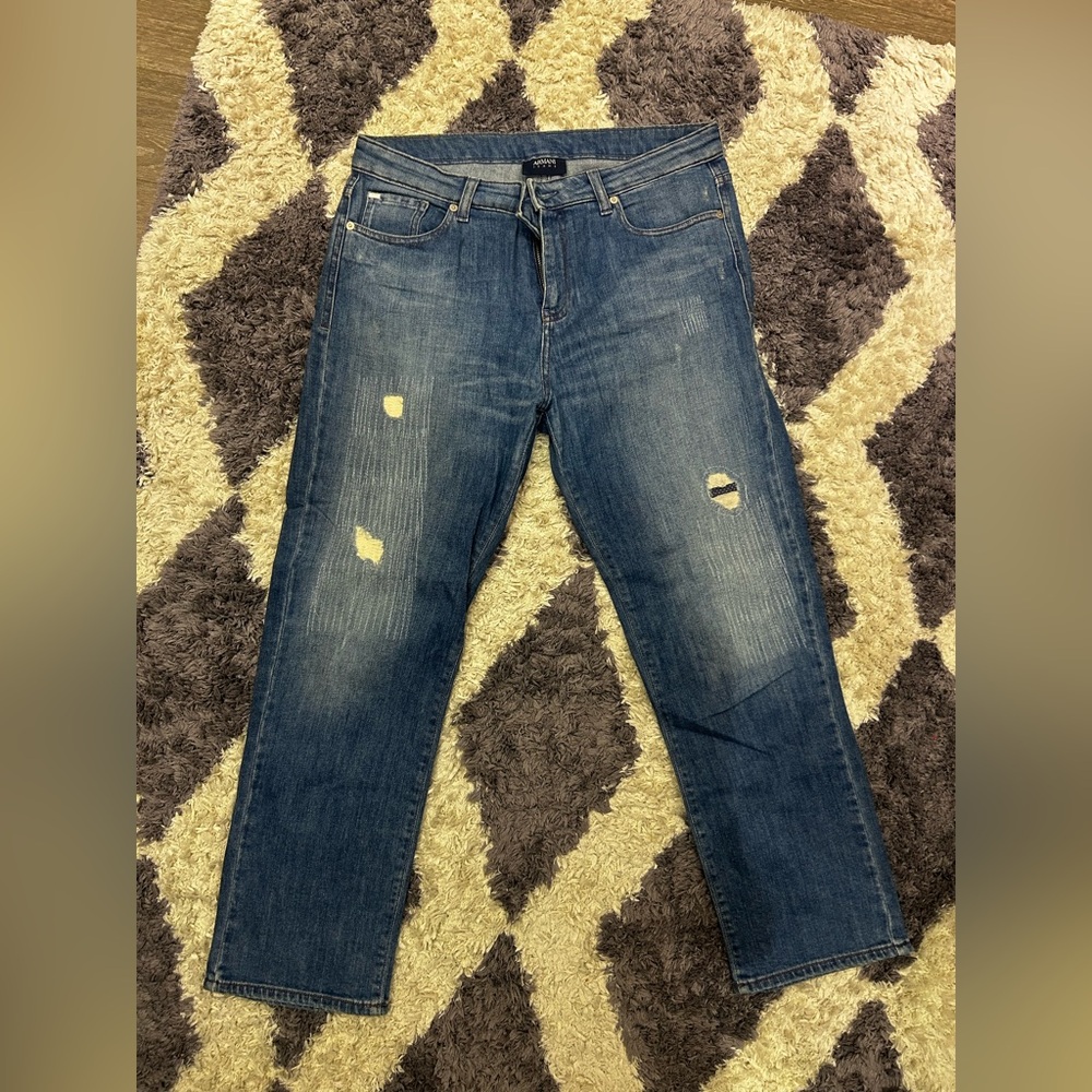 Emporio Armani Blue Straight Leg Jeans with Vintage Distressing